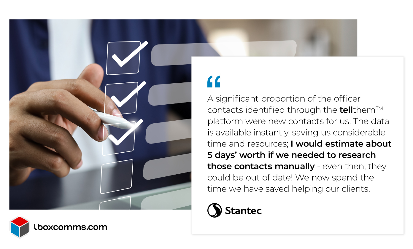 Stantec testimonial for using tellthem to find new contacts and saving days of time with manual searches